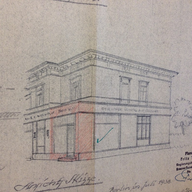 Zeichnung der Fassade des Restaurationsgebäudes um 1938